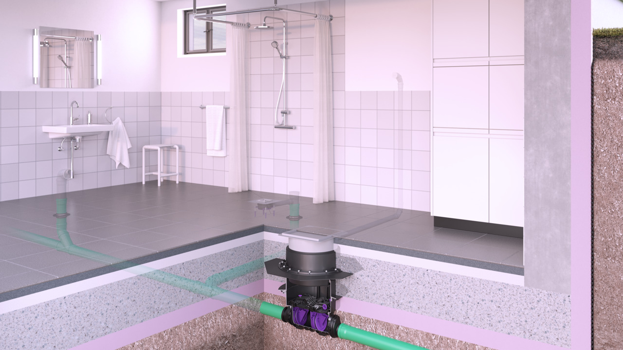 Si une douche supplémentaire ou un lavabo pour invités se trouve au sous-sol, le Staufix SWA s’intègre de manière esthétique avec son couvercle carrelable.