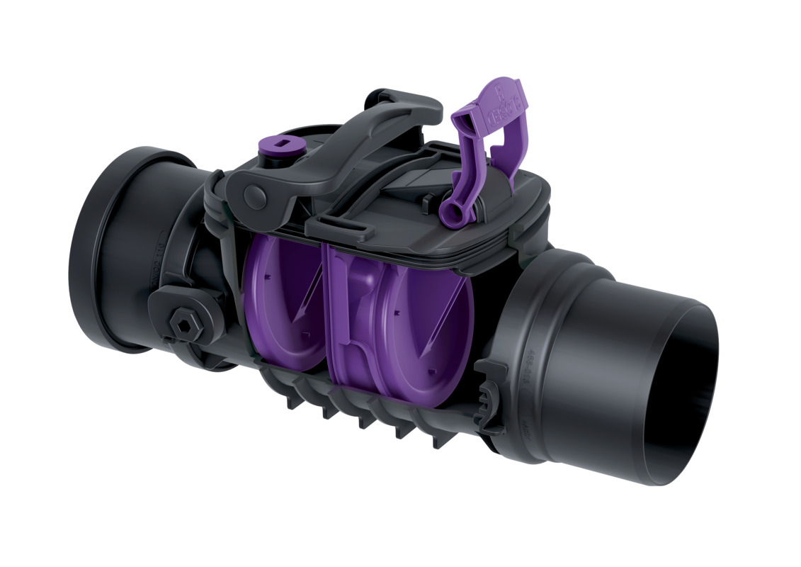 Clapet antiretour Staufix à monter dans la conduite d'eaux usées exposée, avec deux clapets Clapet antiretour Staufix à monter dans la conduite d'eaux usées exposée, avec deux clapets