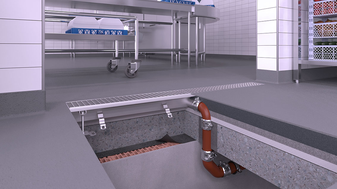 Caniveau de porte et de rénovation avec écoulement horizontal