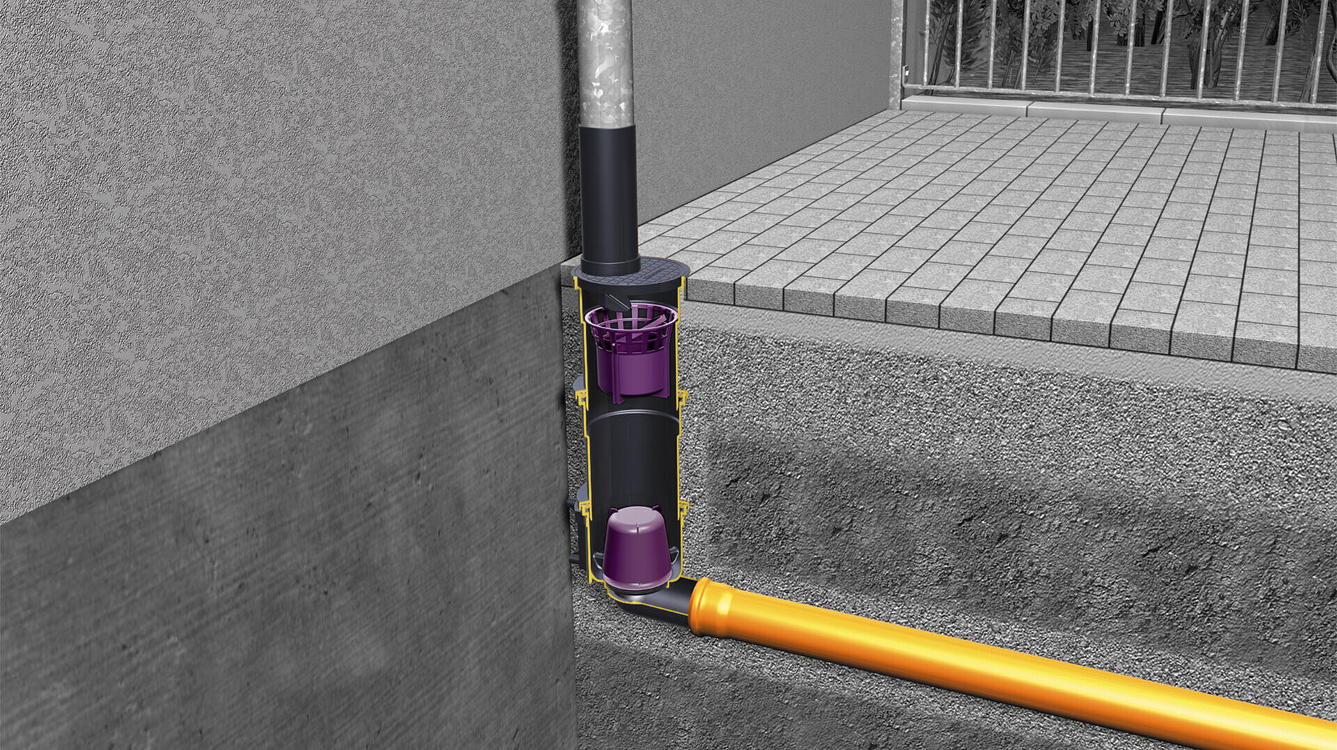 Descente d'eaux pluviales avec dispositif anti-odeur Descente d'eaux pluviales avec dispositif anti-odeur