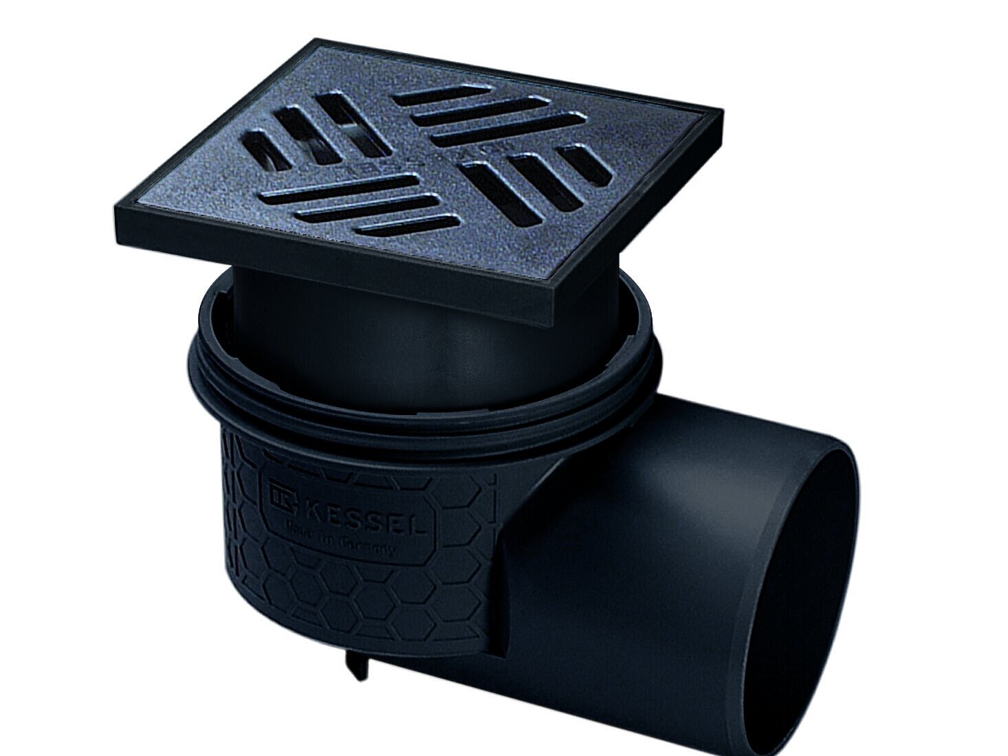 Siphon de sol Practicus avec sortie horizontale et grille en composite noir Siphon de sol Practicus avec sortie horizontale et grille en composite noir