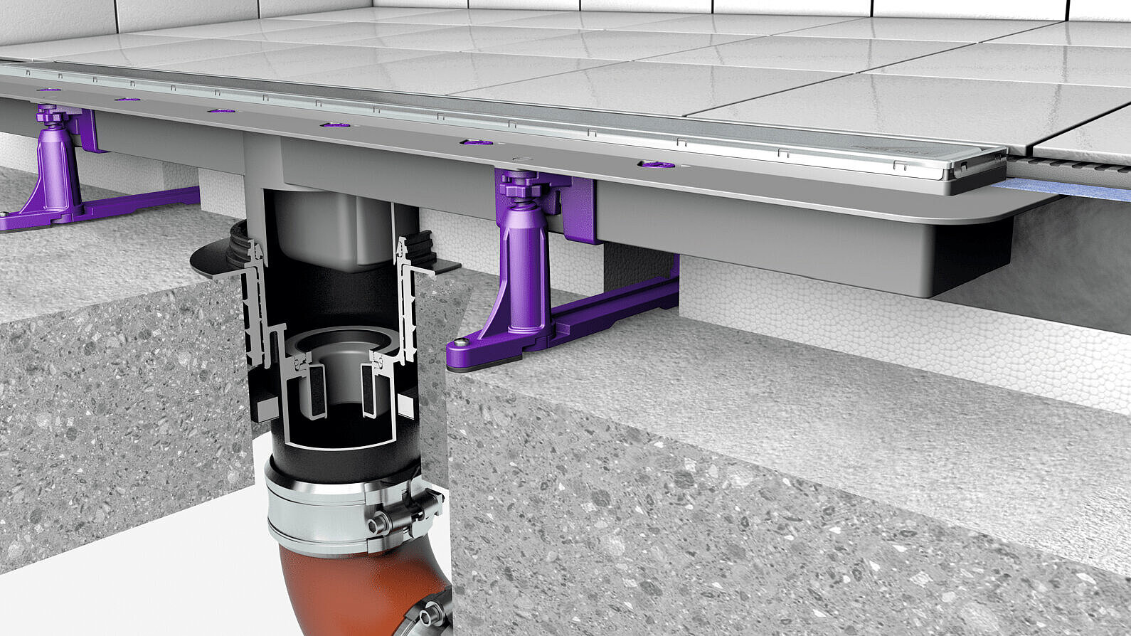 Caniveau de douche Linearis Comfort en combinaison avec le corps de base Ecoguss ainsi que l’insert coupe-feu Fire-Kit et le joint Quick-Fit Caniveau de douche Linearis Comfort en combinaison avec le corps de base Ecoguss ainsi que l’insert coupe-feu Fire-Kit et le joint Quick-Fit