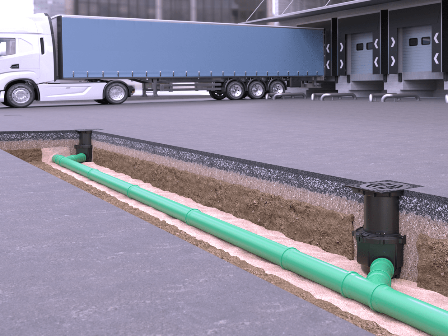 Schéma de montage du siphon de cour Système 400 pour des classes de charge élevées, sortie latérale Schéma de montage du siphon de cour Système 400 pour des classes de charge élevées, sortie latérale