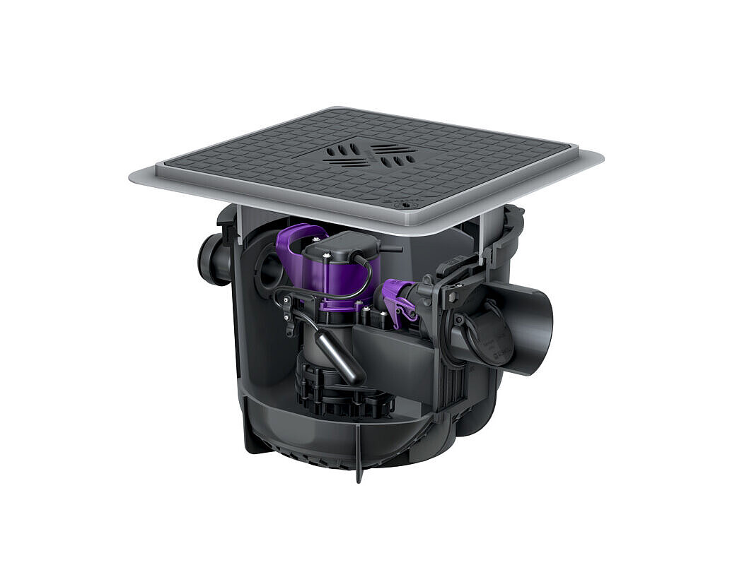 Siphon de cave Pumpfix S Underfloor pour pose encastrée en dalle, avec couvercle de recouvrement noir Siphon de cave Pumpfix S Underfloor pour pose encastrée en dalle, avec couvercle de recouvrement noir