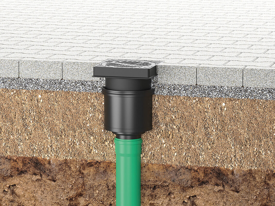 Schéma de montage du siphon de cour Ecoguss 200 avec sortie verticale Schéma de montage du siphon de cour Ecoguss 200 avec sortie verticale