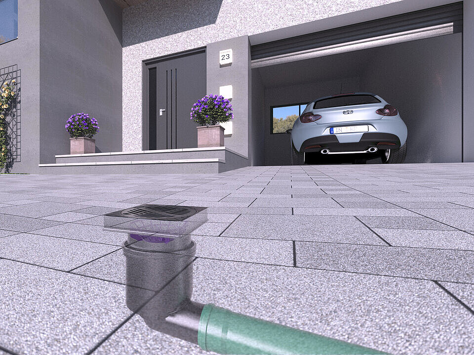 Schéma de montage du siphon de cour Ecoguss 200 avec sortie latérale Schéma de montage du siphon de cour Ecoguss 200 avec sortie latérale