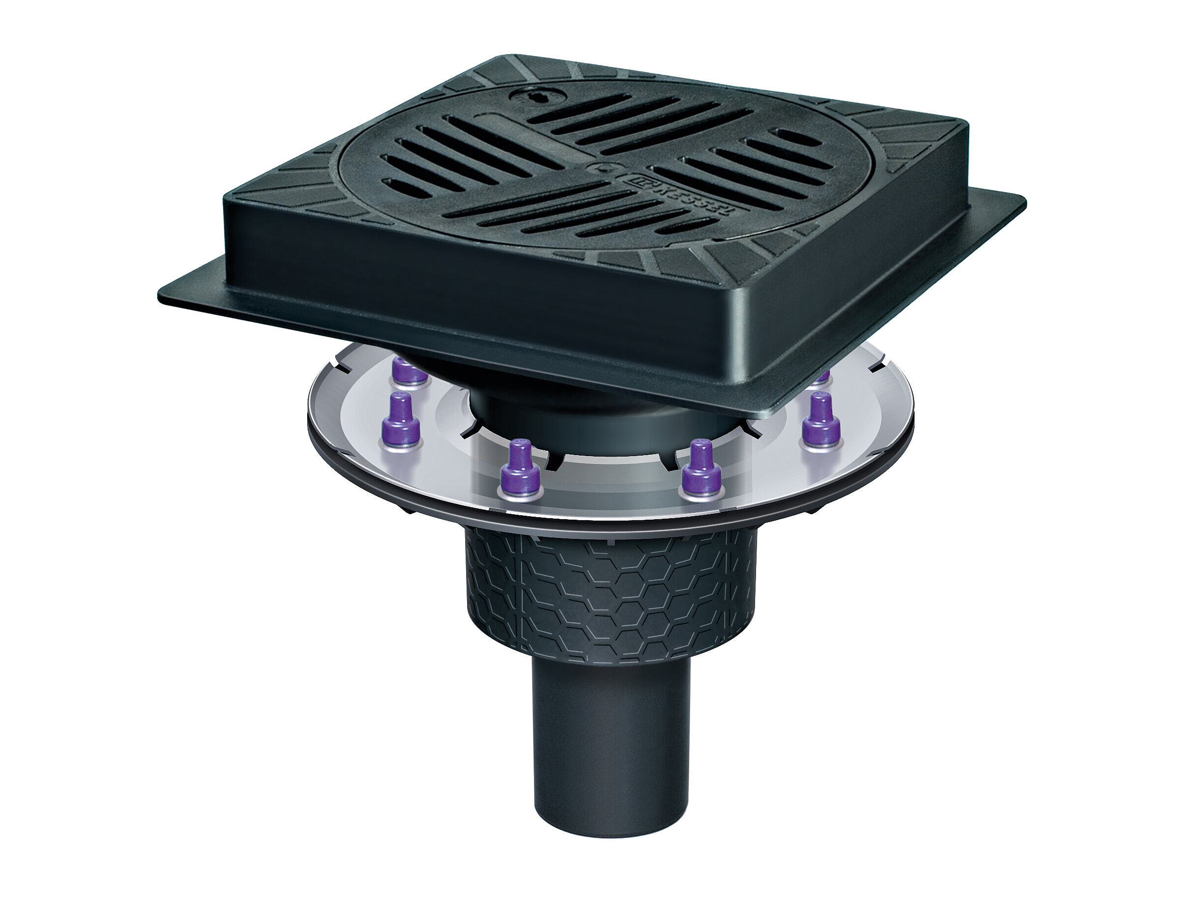 Siphon de parking Ecoguss carré avec corps de base Ecoguss et bride de compression Siphon de parking Ecoguss carré avec corps de base Ecoguss et bride de compression